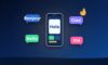 Phone with a flashcard app surrounded by speech bubbles saying hello in five languages and a streak flame