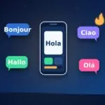 Phone with a flashcard app surrounded by speech bubbles saying hello in five languages and a streak flame