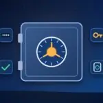 Password vault with a dial, surrounded by icons for hidden passwords, keys, security keys and a check mark