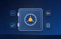 Password vault with a dial, surrounded by icons for hidden passwords, keys, security keys and a check mark