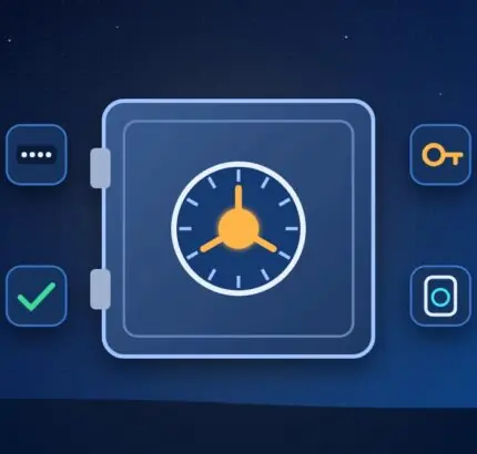 Password vault with a dial, surrounded by icons for hidden passwords, keys, security keys and a check mark