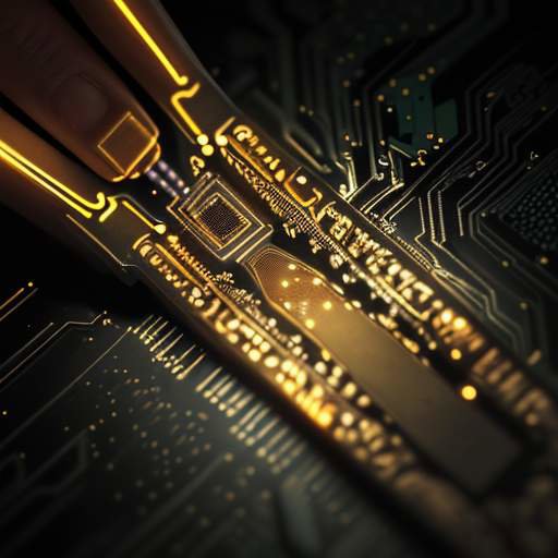 A macro shot of a high-tech microchip with glowing golden circuits and sparks of electricity on a black circuit board, representing advanced AI infrastructure.