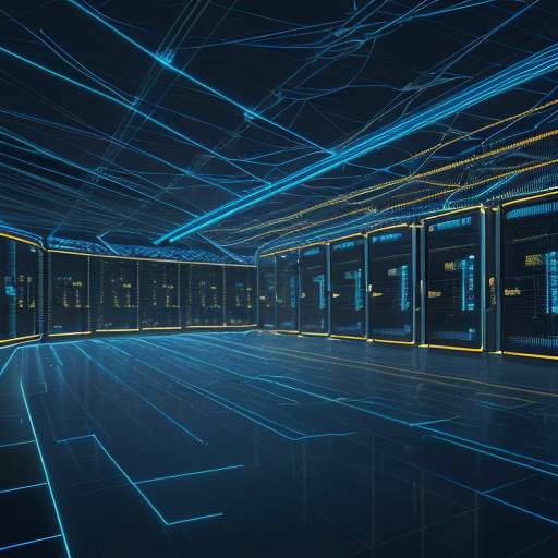 A glowing digital brain made of interconnected nodes overlaid on a data center blueprint, symbolizing the fusion of artificial intelligence and physical infrastructure in deep blue and gold.