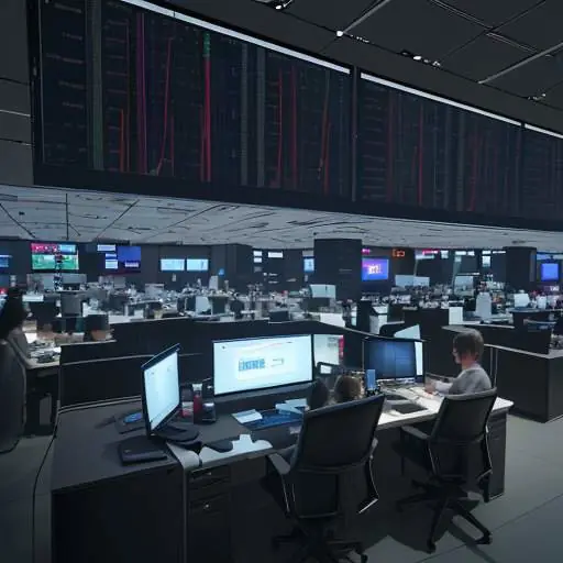 A modern trading floor with digital screens displaying financial graphs, featuring a laptop and tablet showing a 3D neural network model to represent AI infrastructure investment.
