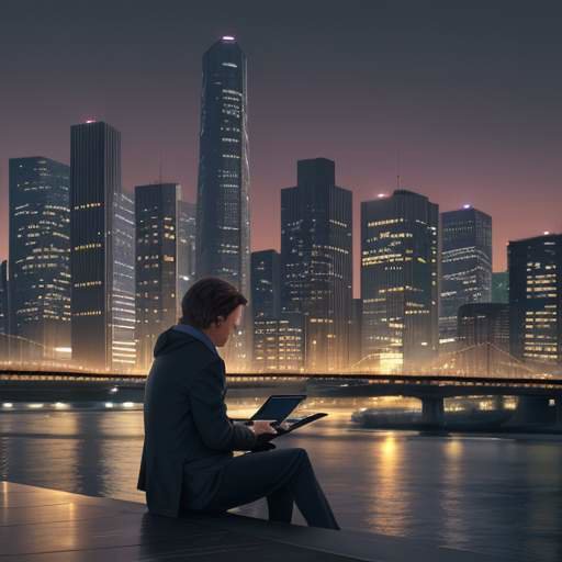 A person sits on a bench at dusk, looking at an organized desktop on a tablet with a modern city skyline and river reflecting the warm sunset glow in the background.