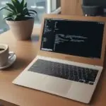 A sleek laptop on a minimalist wooden desk in a modern cafe, displaying a terminal window with scrolling code next to a cup of coffee.