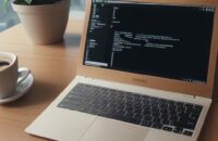 A sleek laptop on a minimalist wooden desk in a modern cafe, displaying a terminal window with scrolling code next to a cup of coffee.