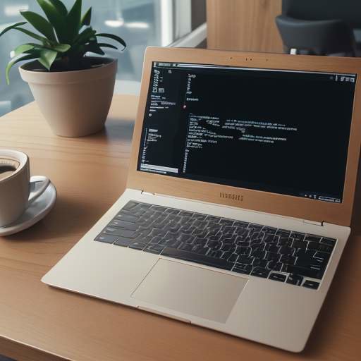 A sleek laptop on a minimalist wooden desk in a modern cafe, displaying a terminal window with scrolling code next to a cup of coffee.
