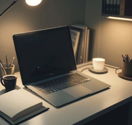 A cozy home office desk featuring a laptop displaying a terminal window with code, a notebook with a pen, and a warm cup of coffee under a soft desk lamp.