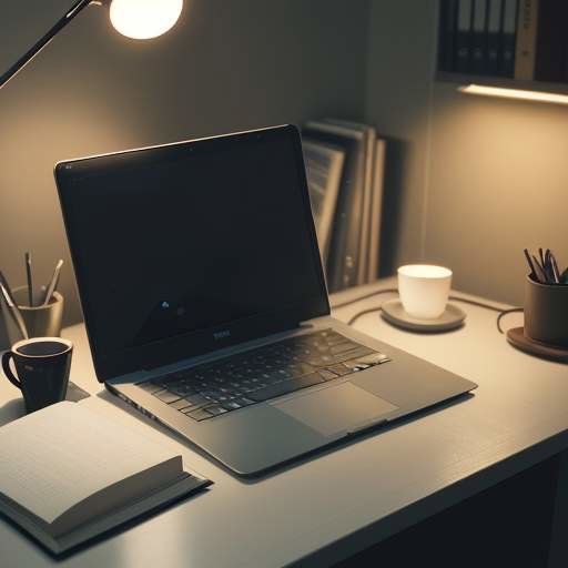 A cozy home office desk featuring a laptop displaying a terminal window with code, a notebook with a pen, and a warm cup of coffee under a soft desk lamp.