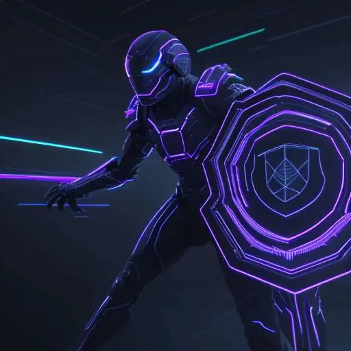 A 3D render of glowing data lines bypassing a geometric digital shield in a dark, neon-lit cyber environment, illustrating a security breach.