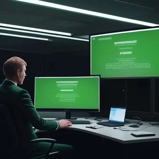 A professional in a suit stands in a high-tech command center, viewing a "Security Alert" on a large monitor surrounded by screens displaying scrolling code and data visualizations.