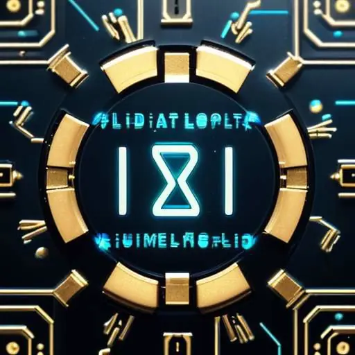 A glowing blue padlock icon overlaid on a gold-plated digital circuit board, symbolizing cybersecurity and data protection in a high-tech environment.