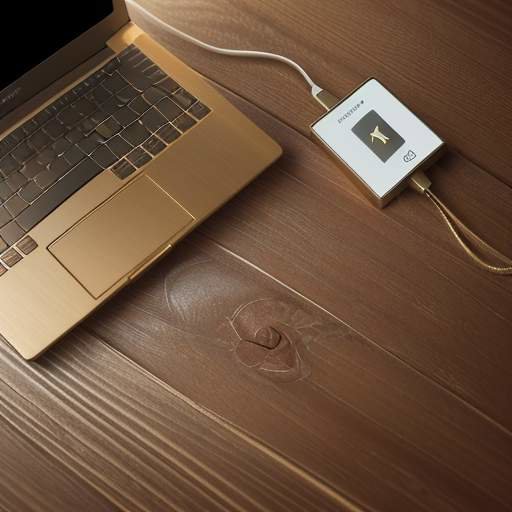 A cinematic overhead shot of a wooden desk featuring a laptop, a smartphone with a security notification, and a physical gold-colored USB security key.