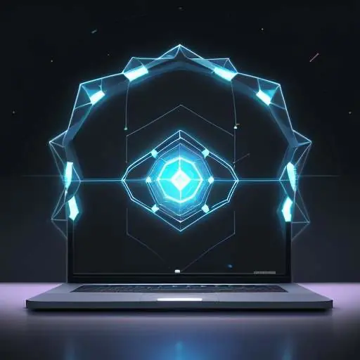 A digital art piece featuring a glowing hexagonal shield made of circuitry protecting a smartphone and a laptop amidst a dark, data-filled abstract space.