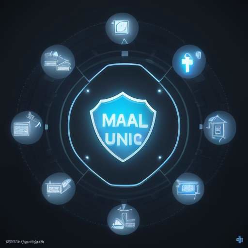 A glowing blue digital shield protecting icons for email, banking, and social media against a dark background with data streams.