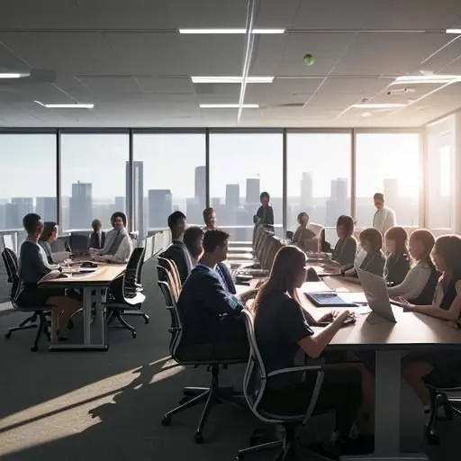 A diverse group of young professionals collaborating in a sun-lit corporate training center, working on code displayed on large monitors.