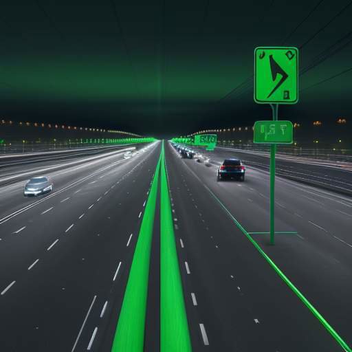 A cinematic night shot of sleek electric cars driving on a modern highway with glowing green markers and high-tech signage, illustrating safe and advanced electric transportation.