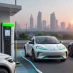 A modern electric vehicle charging station with a high-tech EV parked in a bustling Indian city during a golden hour sunset.