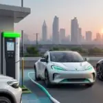 A modern electric vehicle charging station with a high-tech EV parked in a bustling Indian city during a golden hour sunset.