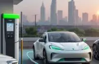 A modern electric vehicle charging station with a high-tech EV parked in a bustling Indian city during a golden hour sunset.