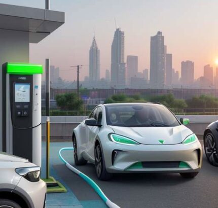 A modern electric vehicle charging station with a high-tech EV parked in a bustling Indian city during a golden hour sunset.