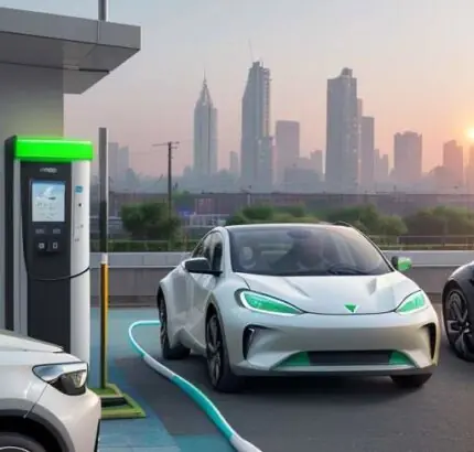 A modern electric vehicle charging station with a high-tech EV parked in a bustling Indian city during a golden hour sunset.