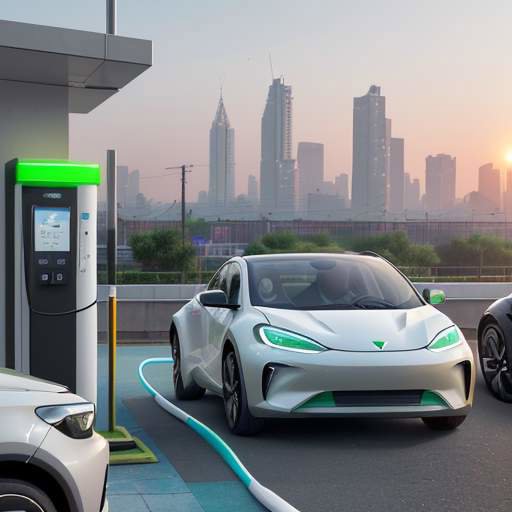 A modern electric vehicle charging station with a high-tech EV parked in a bustling Indian city during a golden hour sunset.