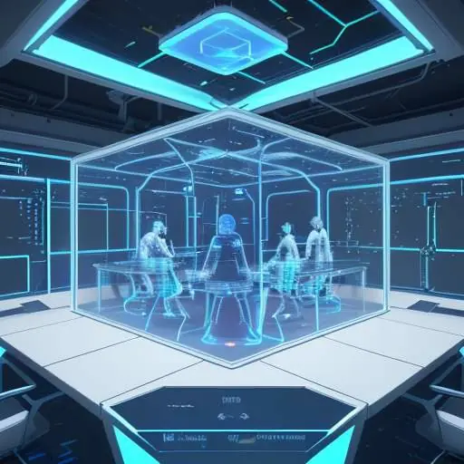 Diverse engineers in a futuristic, high-tech laboratory working with holographic displays to analyze a complex 3D machine learning network inside a glowing glass cube.
