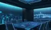A futuristic boardroom with a large holographic display showing an interconnected AI network, with executives discussing data flow against a cityscape at dusk.