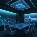 A futuristic boardroom with a large holographic display showing an interconnected AI network, with executives discussing data flow against a cityscape at dusk.