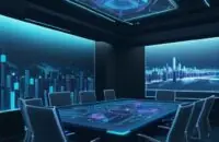 A futuristic boardroom with a large holographic display showing an interconnected AI network, with executives discussing data flow against a cityscape at dusk.