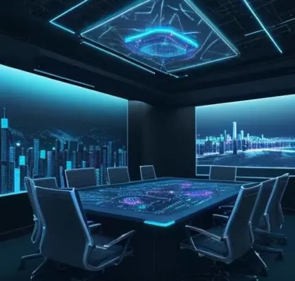 A futuristic boardroom with a large holographic display showing an interconnected AI network, with executives discussing data flow against a cityscape at dusk.
