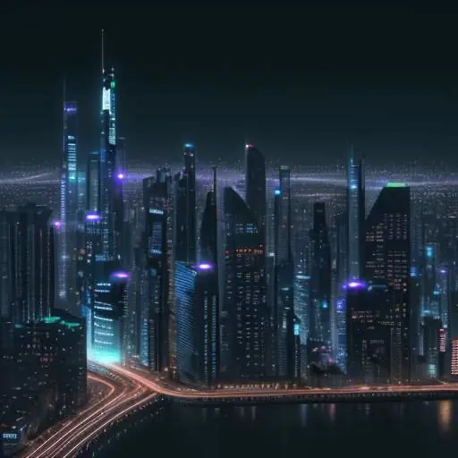 A futuristic city skyline at night with glowing fiber optic lines and data hubs integrated into buildings, symbolizing the interconnected nature of modern digital infrastructure.