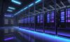 A cinematic wide shot of a massive, futuristic data center at dusk with glowing blue lights and industrial cooling fans under a purple and orange twilight sky.