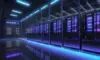 A cinematic wide shot of a massive, futuristic data center at dusk with glowing blue lights and industrial cooling fans under a purple and orange twilight sky.