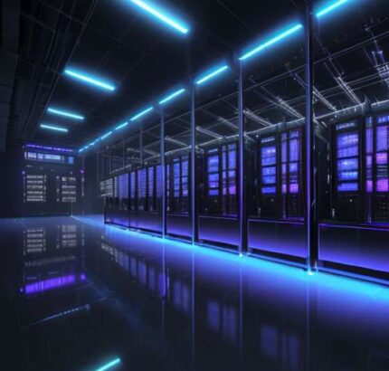 A cinematic wide shot of a massive, futuristic data center at dusk with glowing blue lights and industrial cooling fans under a purple and orange twilight sky.