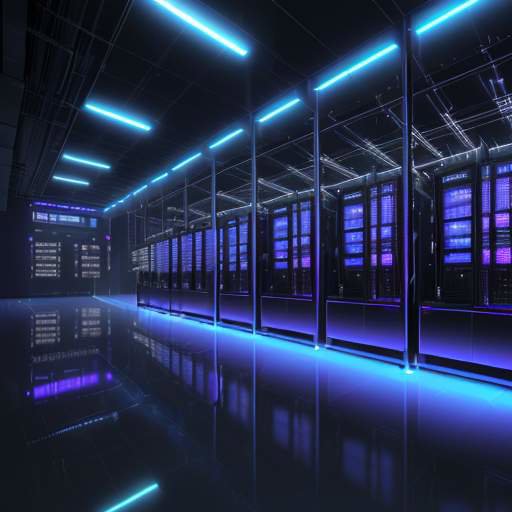 A cinematic wide shot of a massive, futuristic data center at dusk with glowing blue lights and industrial cooling fans under a purple and orange twilight sky.