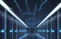 A cinematic wide shot of a massive, futuristic data center at night with glowing blue LED accents and rows of high-tech server racks visible through glass panels.