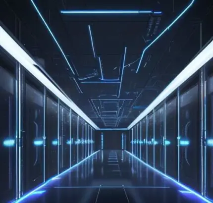 A cinematic wide shot of a massive, futuristic data center at night with glowing blue LED accents and rows of high-tech server racks visible through glass panels.