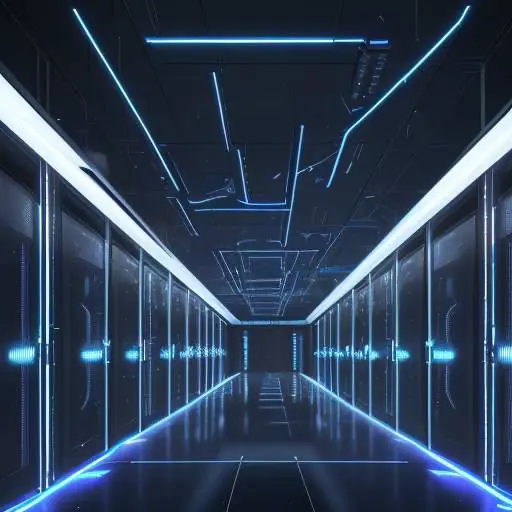 A cinematic wide shot of a massive, futuristic data center at night with glowing blue LED accents and rows of high-tech server racks visible through glass panels.