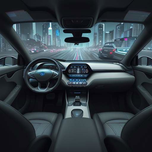 A close-up of a futuristic electric car's dashboard featuring a glowing GPS navigation screen, premium leather interior, and metallic accents on the steering wheel.