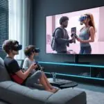 A futuristic living room where a family uses VR, gaming consoles, and video calls simultaneously, connected by golden data streams from a glowing Wi-Fi 7 router.