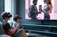 A futuristic living room where a family uses VR, gaming consoles, and video calls simultaneously, connected by golden data streams from a glowing Wi-Fi 7 router.