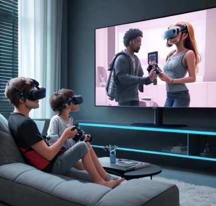 A futuristic living room where a family uses VR, gaming consoles, and video calls simultaneously, connected by golden data streams from a glowing Wi-Fi 7 router.