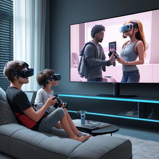 A futuristic living room where a family uses VR, gaming consoles, and video calls simultaneously, connected by golden data streams from a glowing Wi-Fi 7 router.