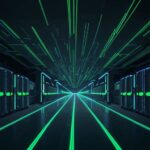 A cinematic, wide-angle shot of a futuristic data center with sleek server racks and a glowing holographic neural network, symbolizing high-performance computing infrastructure.