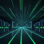 A cinematic, wide-angle shot of a futuristic data center with sleek server racks and a glowing holographic neural network, symbolizing high-performance computing infrastructure.