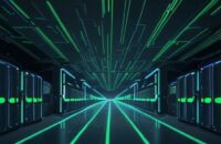 A cinematic, wide-angle shot of a futuristic data center with sleek server racks and a glowing holographic neural network, symbolizing high-performance computing infrastructure.