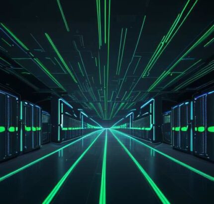 A cinematic, wide-angle shot of a futuristic data center with sleek server racks and a glowing holographic neural network, symbolizing high-performance computing infrastructure.